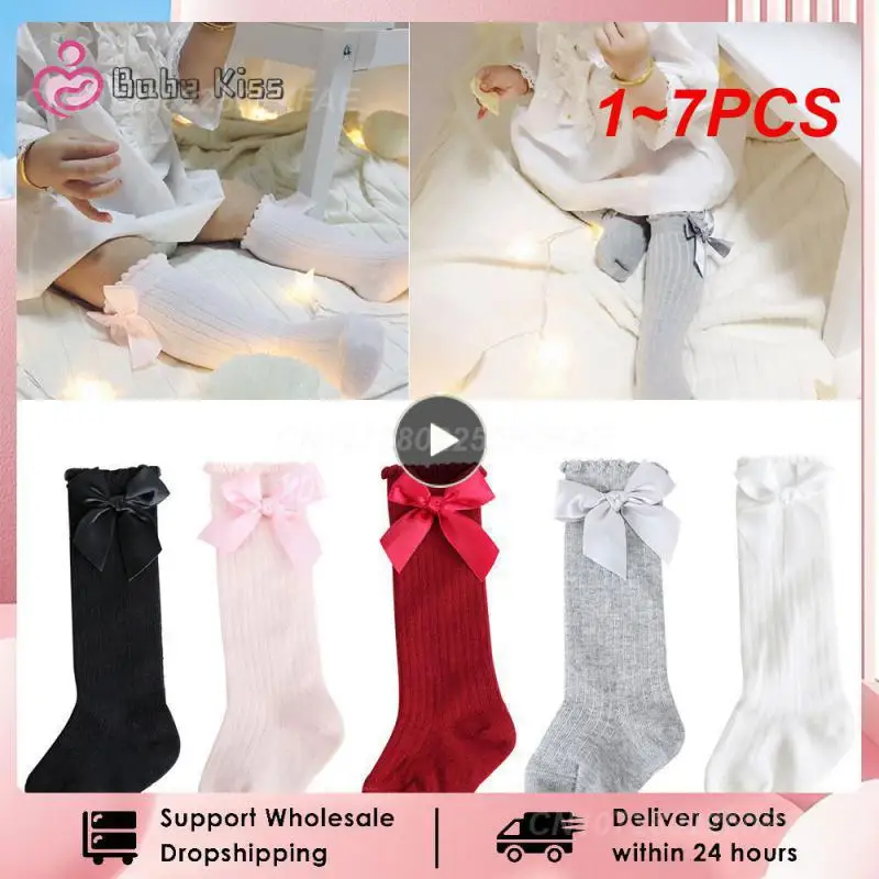 

1~7PCS Children's Sock Knee High Socks With Bows Stripped Toddlers Long Socks Kids School Sock Infant Baby Socken