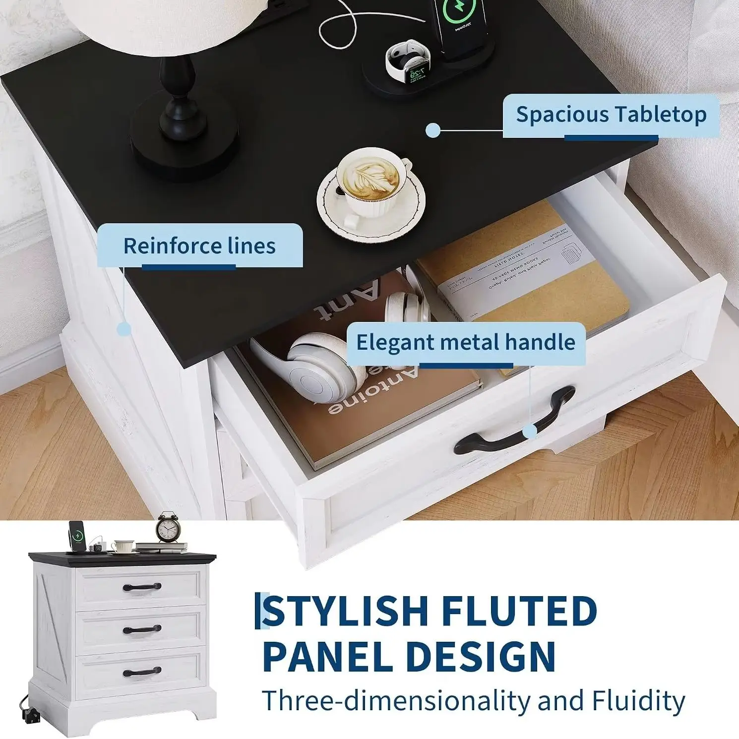 Farmhouse Nightstand with Charging Station 3 Drawer White Bedside Table with 2 AC Outlets and 2 USB Ports Storage Cabinet End Table for Bedroom Living Room Small Space 5 Farmhouse Nightstand with Charging Station 3 Drawer White Bedside Table with 2 AC Outlets and 2 USB Ports Storage Cabinet End Table for Bedroom Living Room Small Space 5