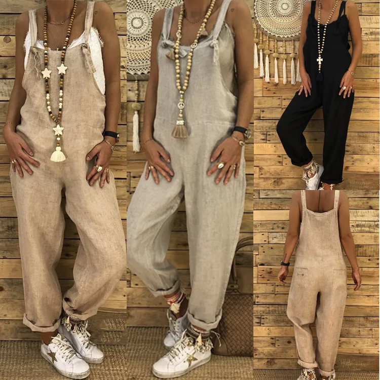 Women's  jumpsuit fashion leisure loose casual suspender rompers  Summer  Sleeveless overalls for female women beach suspender loose denim jumpsuits 2021 denim overalls sleeveless high waist wide leg playsuits jeans female streetwear