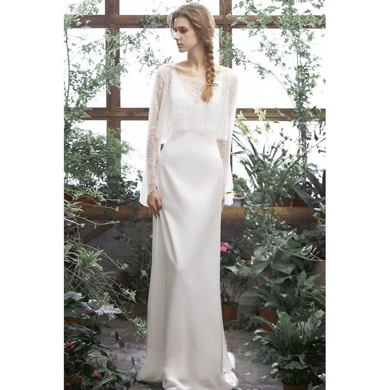 

Boat Neck Straight Elegant Satin Long Sleeve Floor Length Bridesmaid Dresses for Women robes invitée mariage