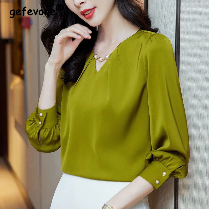 Spring Autumn Office Lady Elegant Fashion Breeding Pullover Blouse Femme Long Sleeve Loose Casual All-match Simple Chiffon Shirt