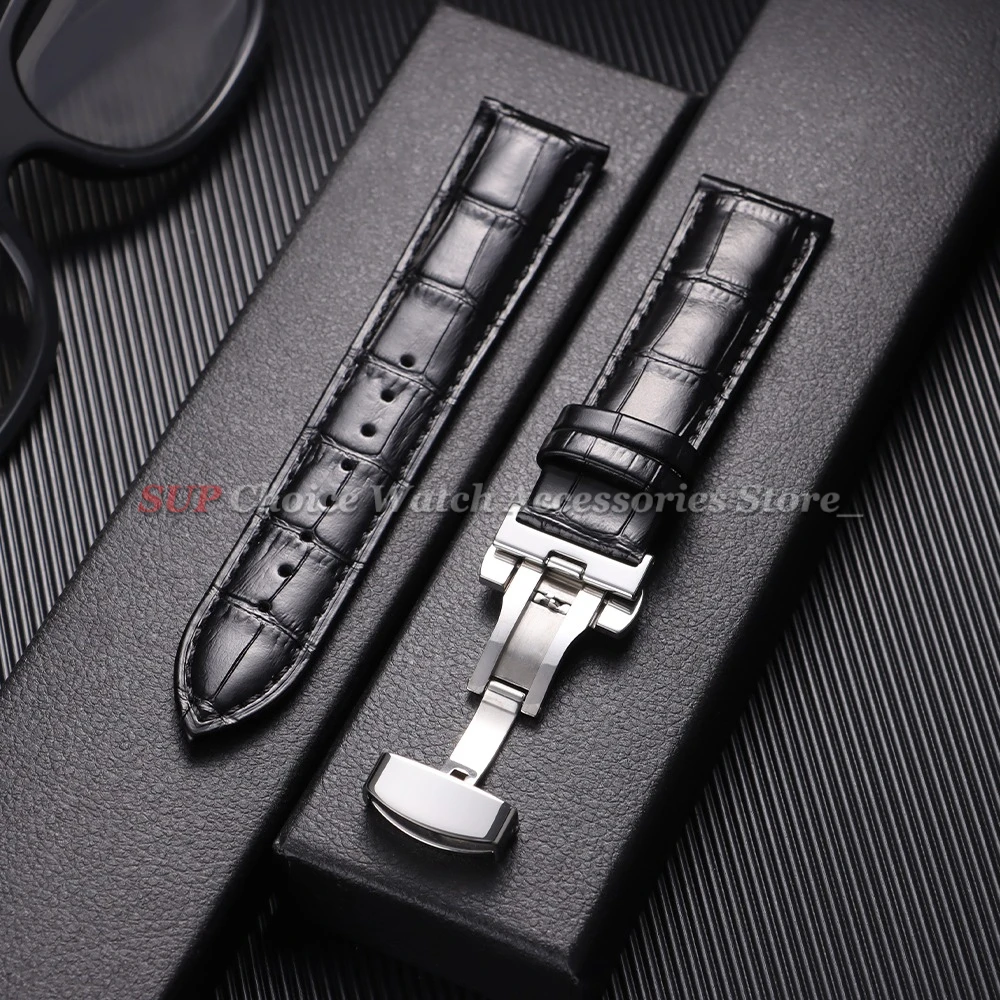 Sleek Calfskin Leather Watch Band with Butterfly Buckle