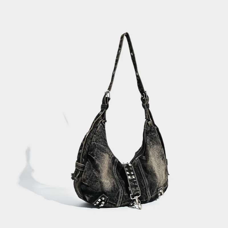 Large Capacity Tote Bag Water Washed Denim Bag with Rivets American Style Ins Trendy Shoulder Bag for Commuting Crossbody Bag