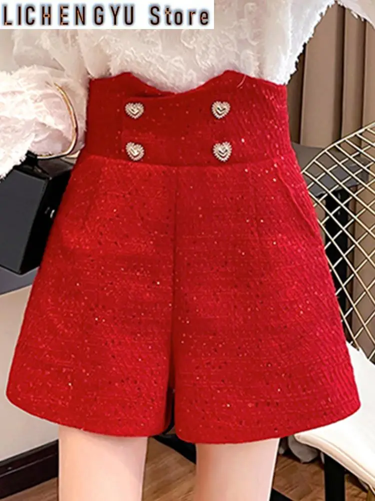 New Women Fashion Front Love Metal Buttons Tweed Shorts Vintage High Waist Woolen Female Short Pants Mujer