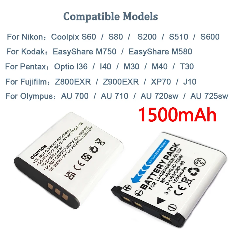 

1500mAh 3.7V LI-42B/40B EN-EL10 NP-45 D-LI63 CNP-80 KLIC-7006 Battery For Olympus Pentax Nikon Fujifilm CASIO Camera Batterie