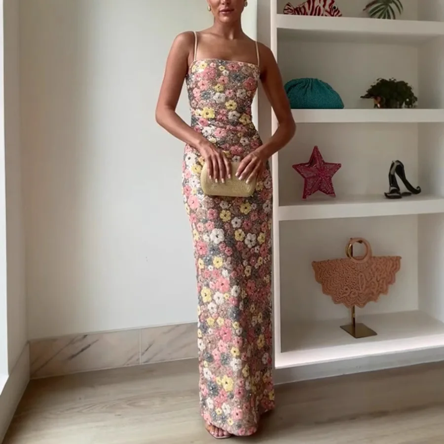 Summ Women Flowers Sequin Patchwork Slim Party Long Dress Strapless Fashion Maxi Dress, Sexy Sleeveless Ladies Dress Vestidos 1