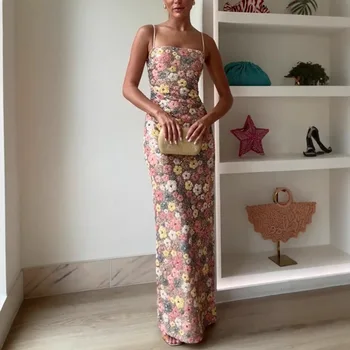 Summ Women Flowers Sequin Patchwork Slim Party Long Dress Strapless Fashion Maxi Dress, Sexy Sleeveless Ladies Dress Vestidos 1