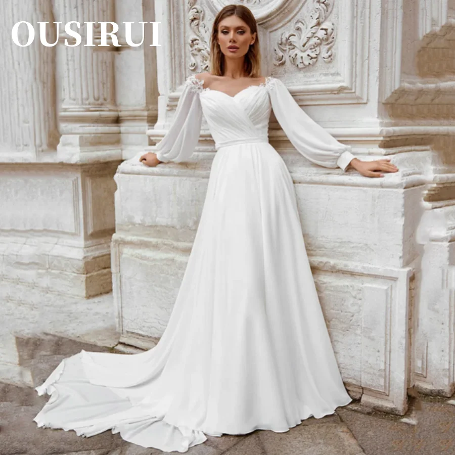 

Sweetheart A Line Robe De Mariée Illusion Back Faddish Puffy Long Sleeves Wedding Dress Buttons Sweep Train Vestidos De Novia