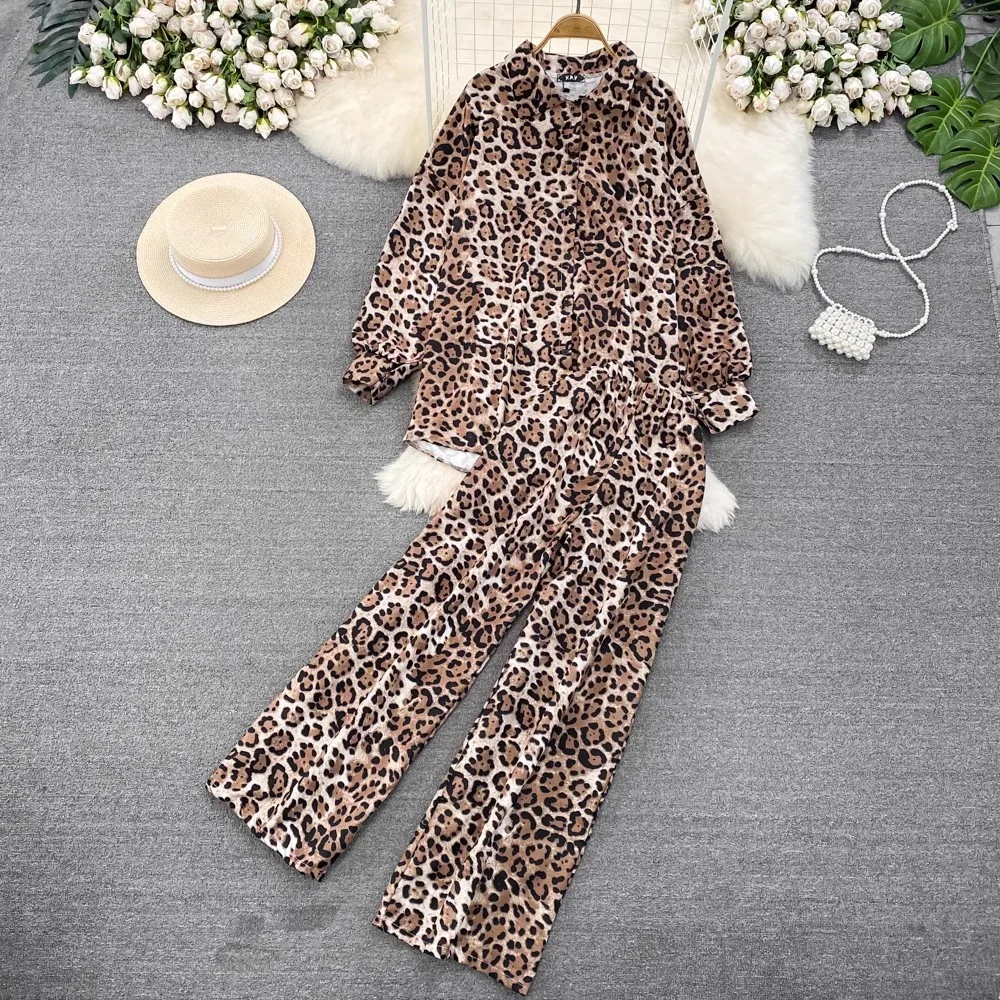 

Fashion Summer Casual Loose Leopard Print Pantsuit Women Elegant Shirts Tops Wide-Leg Trousers Suit Female Vintage 2 Pieces Set