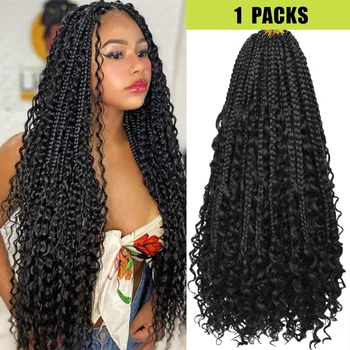 1/7 Packs Goddess Box Braids 10-24Inch Pre-looped Boho Box Braids With Curly Ends 3X Crochet Braids Hair Synthetic Braiding Hair 1
