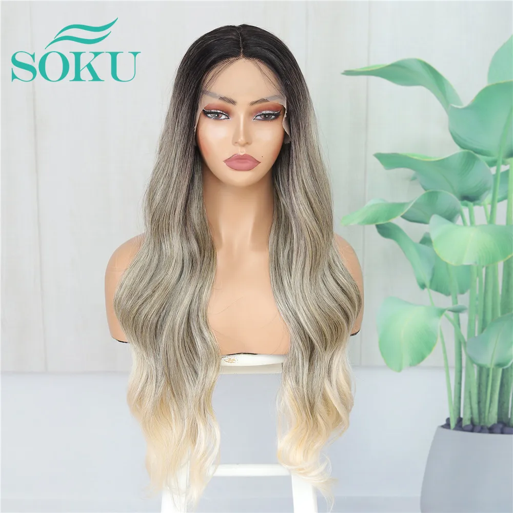 

SOKU Ombre Grey Color Natural Synthetic Lace Front Wigs Long Body Wave Middle Part Daily Party Lace Wig For Women Heat Resistant