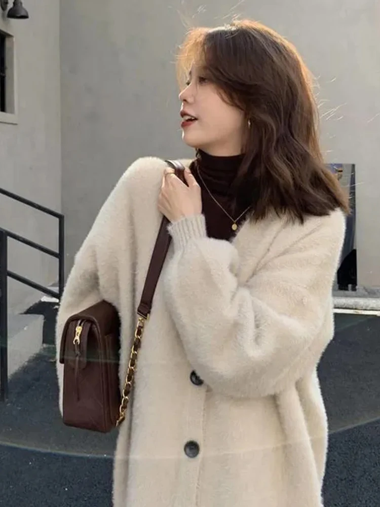 두꺼운 모조 밍크 니트 가디건, V넥 루즈한 한국 니트웨어, 질렛 캐주얼 따뜻한 스웨터, Mujer 패션, 가을 겨울 상의