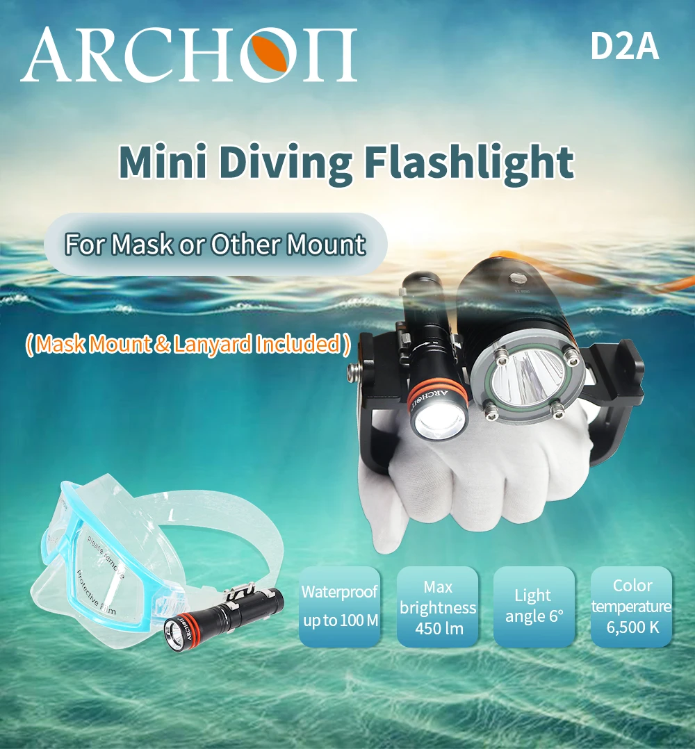 Description Picture 2 of itemD2A Scuba diving helmet lights Dive mask light Underwater 100m Diving flashligh Night free diving lighting flashlight Dive torch