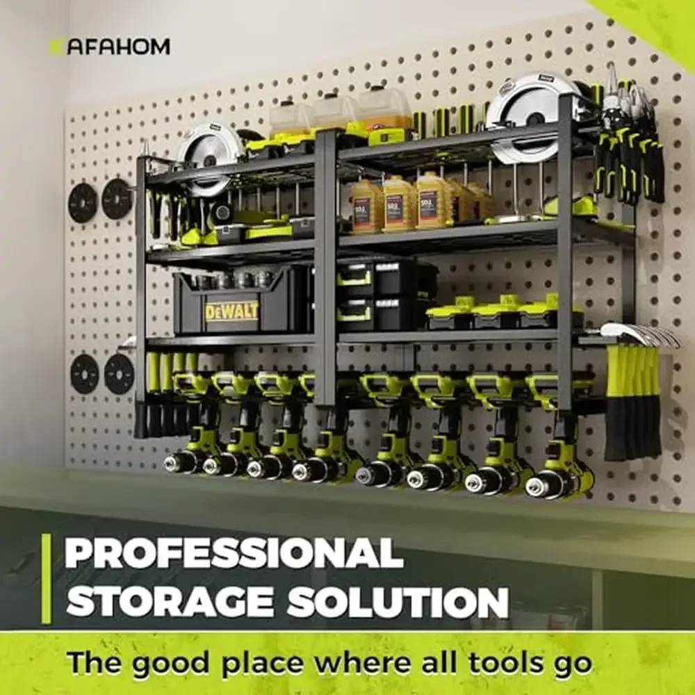 8-Cordless Drill Holder Wall Mount Tool Organizer Rack Shelf 4 Layer Garage Storage Metal Organizer Shelf with Hammer Pliers 4
