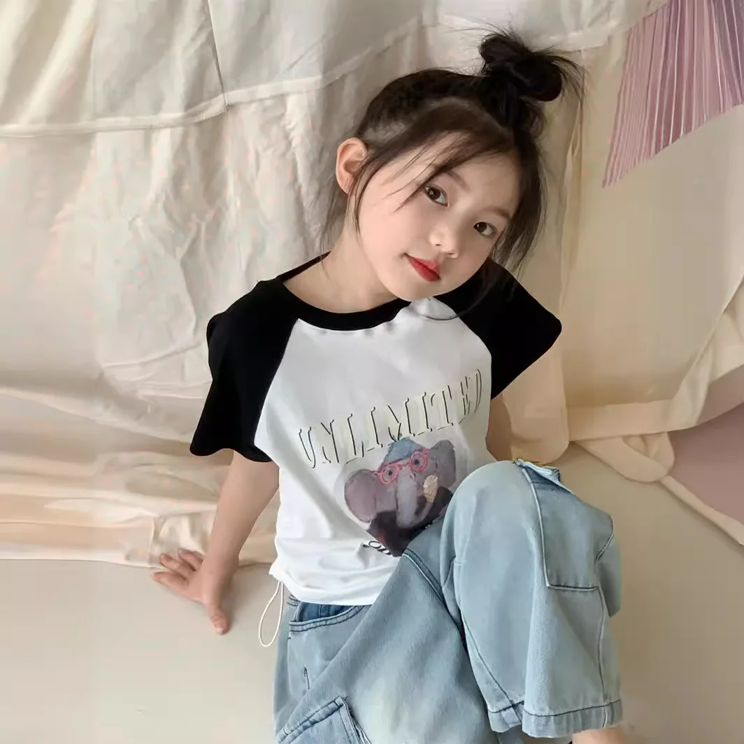 

2024 Summer Young Baby Girl Tops Cotton Spliced Short Sleeve Toddler Girl Tops Korean Casual Cartoon Elephant Children Girl Tees