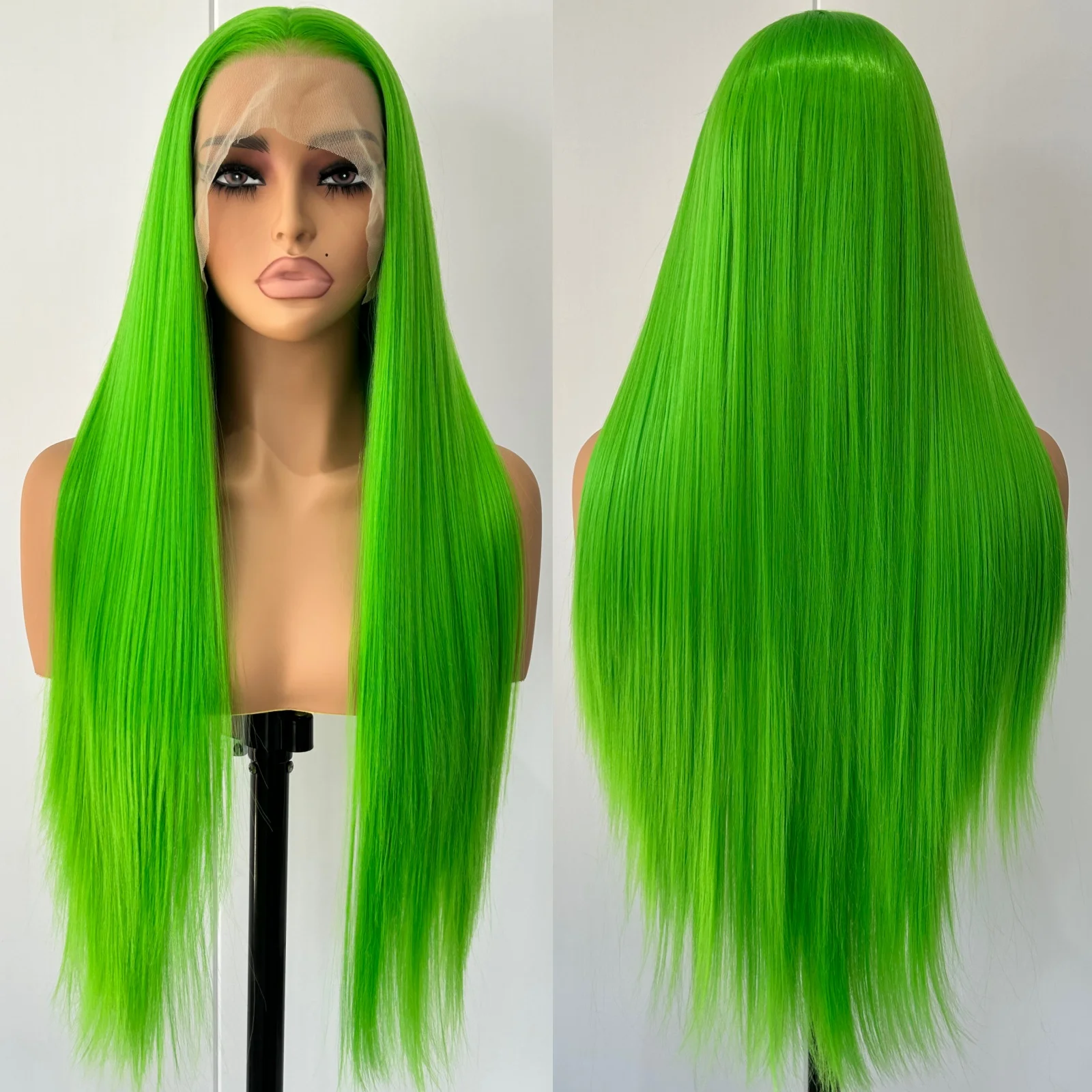 Long Green Wig Silky Straight Synthetic Hair Free Part Lime Green