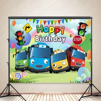 Woncol Tayo 리틀 버스 사진 배경, 생일 축하 베이비 샤워 사진 배경, 맞춤형 장식 배너, 사진 부스 배경