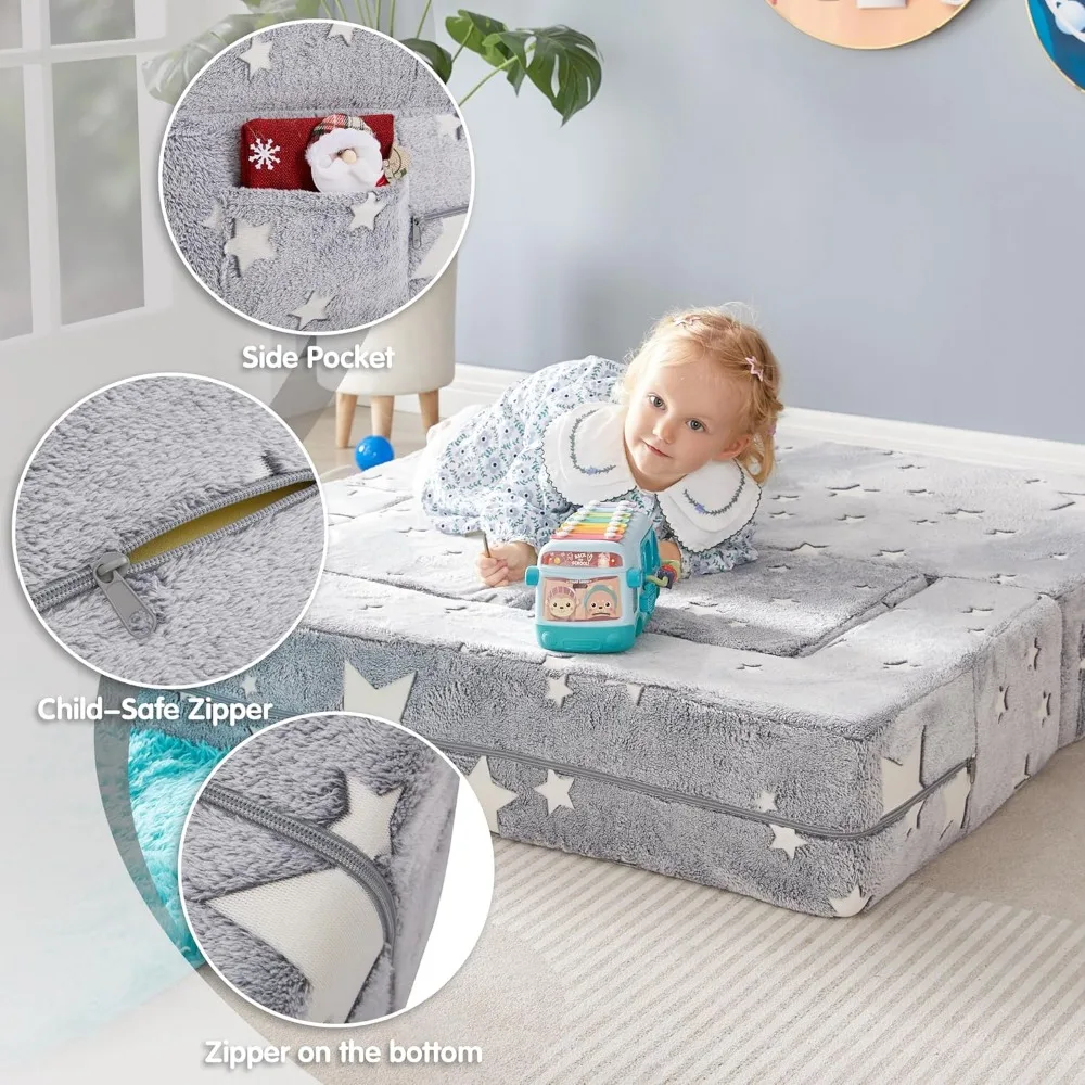 Kids Play Couch, Glow in The Dark Star Patterns Toddler Modular Sofa, Convertible Baby Fold Out Play Foam and Floor Cushion 5