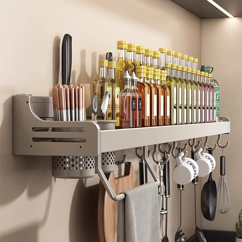 No Drill Kitchen Storage Rack Aluminum Wall Mount Spice Seasoning Spoon Knife Stand Holder Rag Dishcloth Rack Organizer Shelf