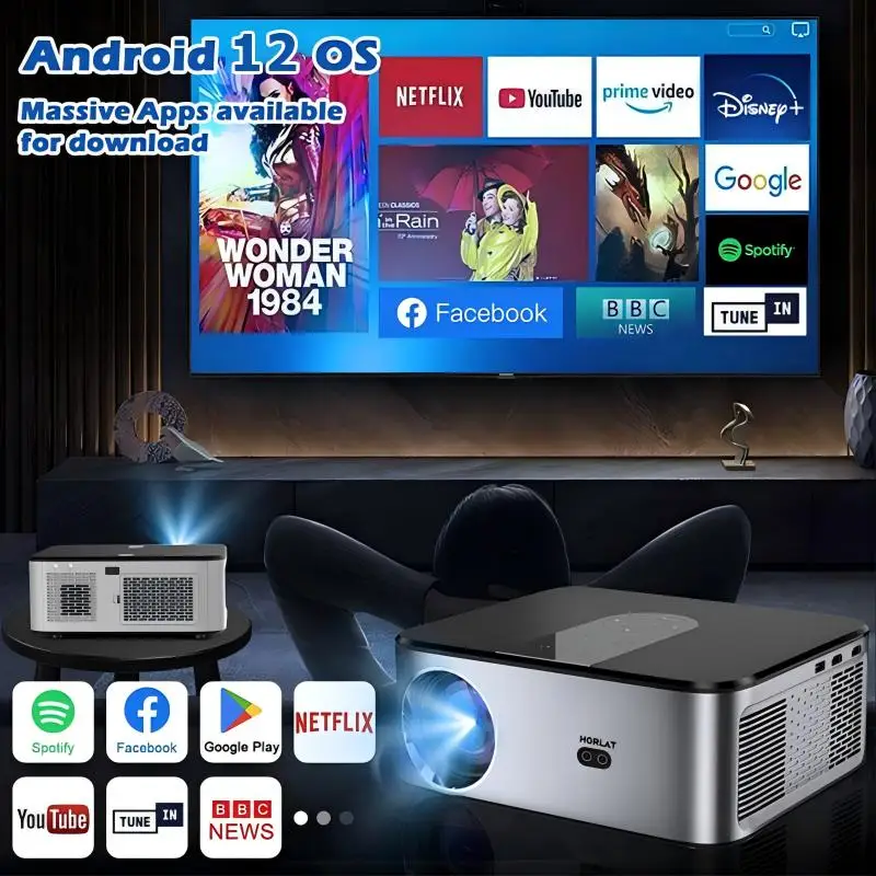 HORLAT 35000루멘 LCD 프로젝터 4K 8K 디코딩 홈시어터 안드로이드 12 시스템 1500ANSI 풀HD 1080P 비디오 자동 키스톤 보정 5G 와이파이