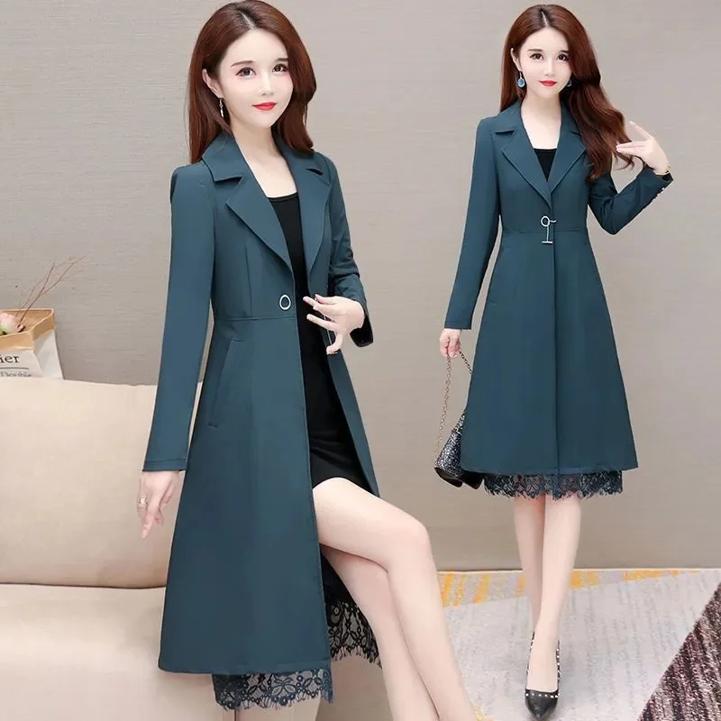 

Black Trench Coat Women Spring Autumn Long Outerwear Female High End Fashion Patchwork Lace WindbreakerElegant Jacket With Lined