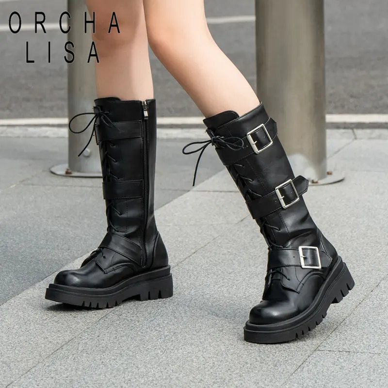 

ORCHA LISA Women Knight Boots Round Toe Thick Heels 5cm Zipper Lace Up Metal Decoration Goth Casual Mid Calf Booty Big Size 43