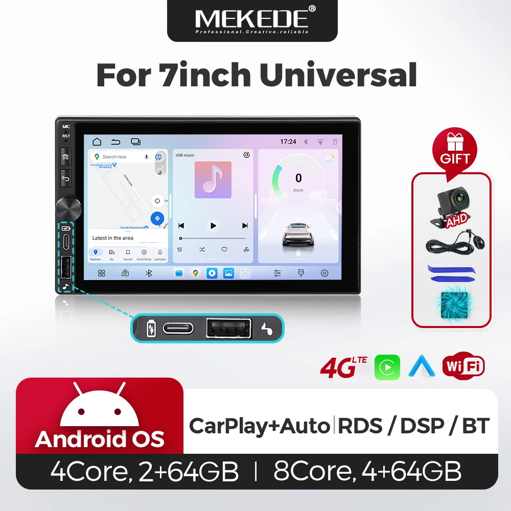 MEKEDE EU Stock Radio de coche Android universal de 7/9/10 pulgadas 2din 64G Autoradio Inalámbrico Carplay Android Auto GPS BT Sistemas multimedia centrales inteligentes para coche DSP 4G LTE WiFi FM Estéreo 2