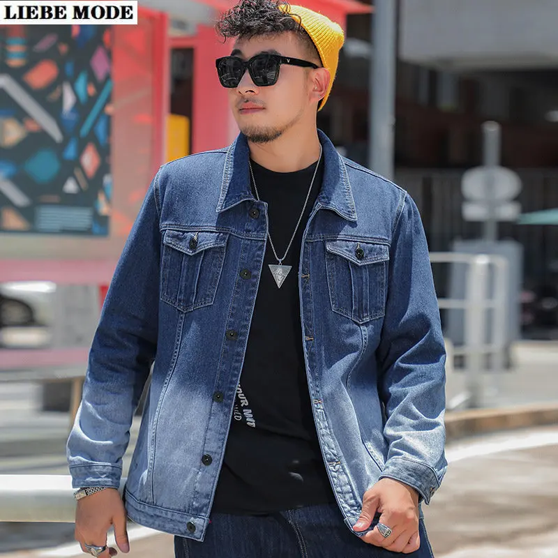 

Plus Size 8XL 6XL 5XL Spring Mens Gradient Bomber Denim Jacket Loose Fashion Streetwear Classic Casual Oversize Blue Jeans Coats