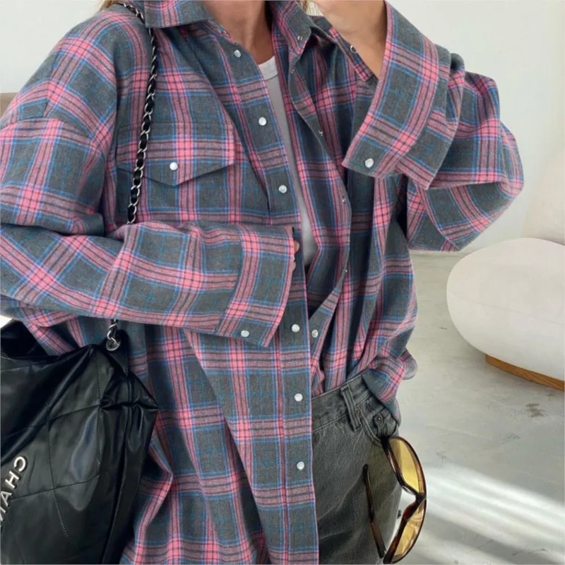 Vintage Plaid Women's Shirt Fashion Loose Lapel Pocket Long Sleeve Office Lady Shirts And Blouses Tops Female Y2k Clothing 2024