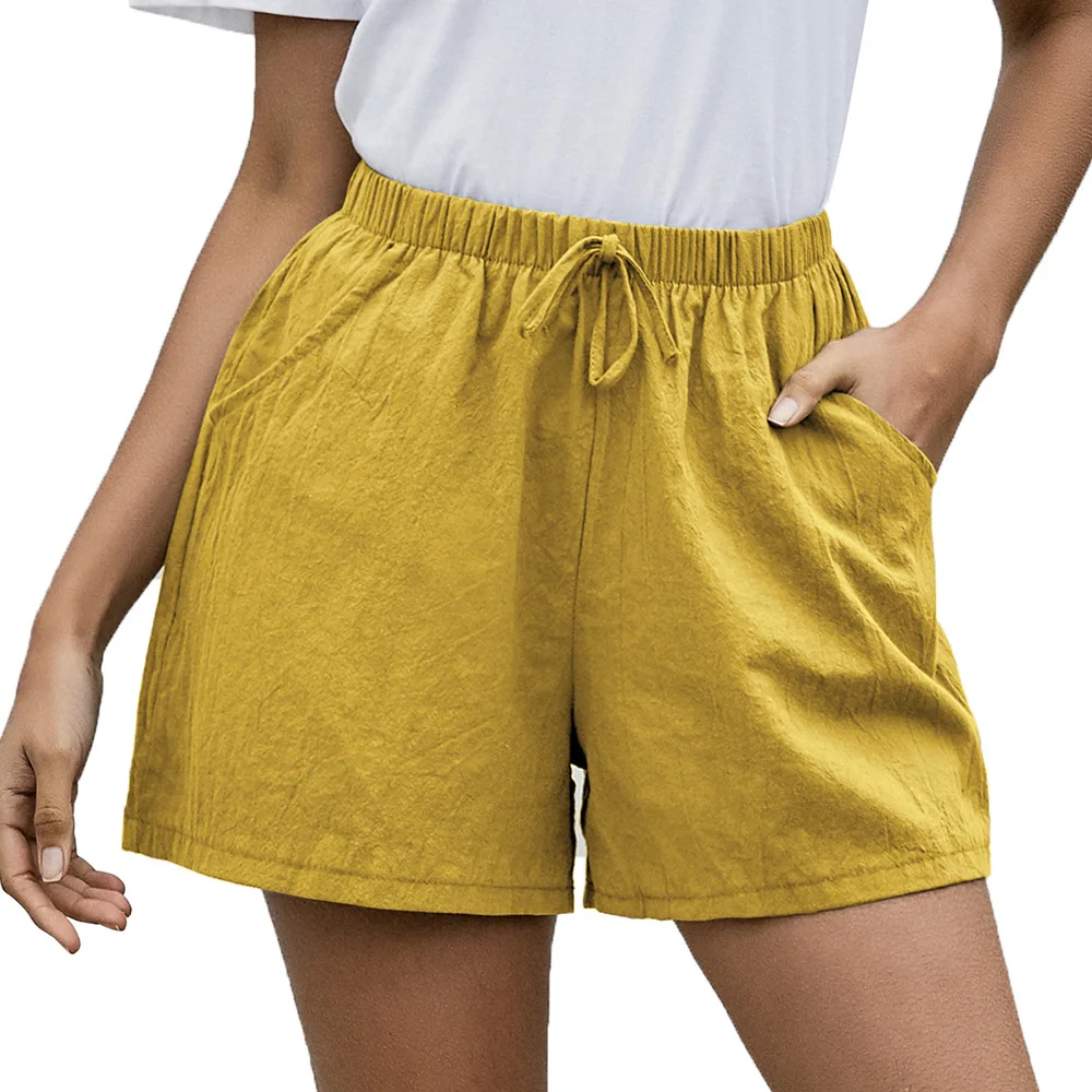 versace jeans couture 2022 Summer Casual High Waist Flax Solid Shorts Elegant Women Wide Leg Loose Cotton Short Pants Bottom Pant Black Trousers paperbag shorts Shorts