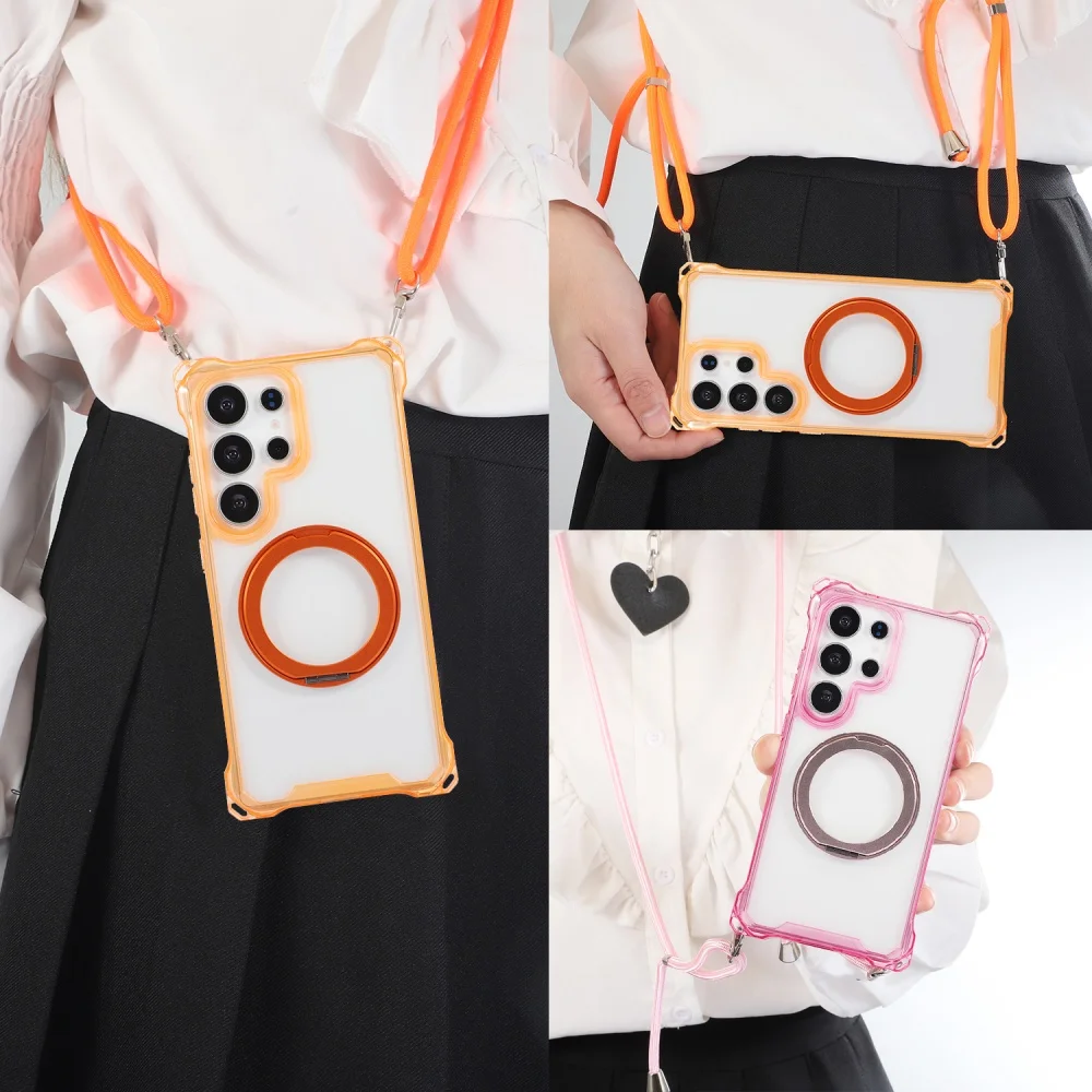 Adjustable Crossbody Necklace Strap Hand Rope Case For Samsung S26 Ultra S25 S24 S23 Magnetic Stand Holder Shockpoof Clear Cover_voghion.com