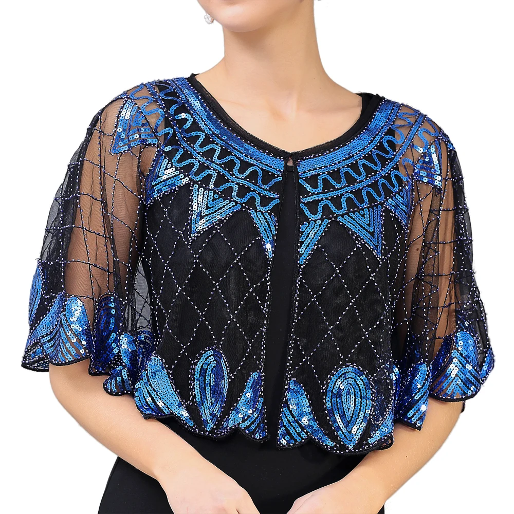 

New Women's 1920s Shawl Beaded Sequin Deco Evening Cape Bolero Flapper Cover Up See-through Scalloped Hem Party Shawl Blue Red