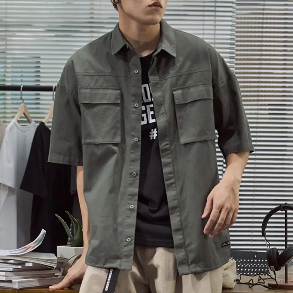 MensMilitaryShirtShortSleevePocketsHiphopCargoShirtsSolid