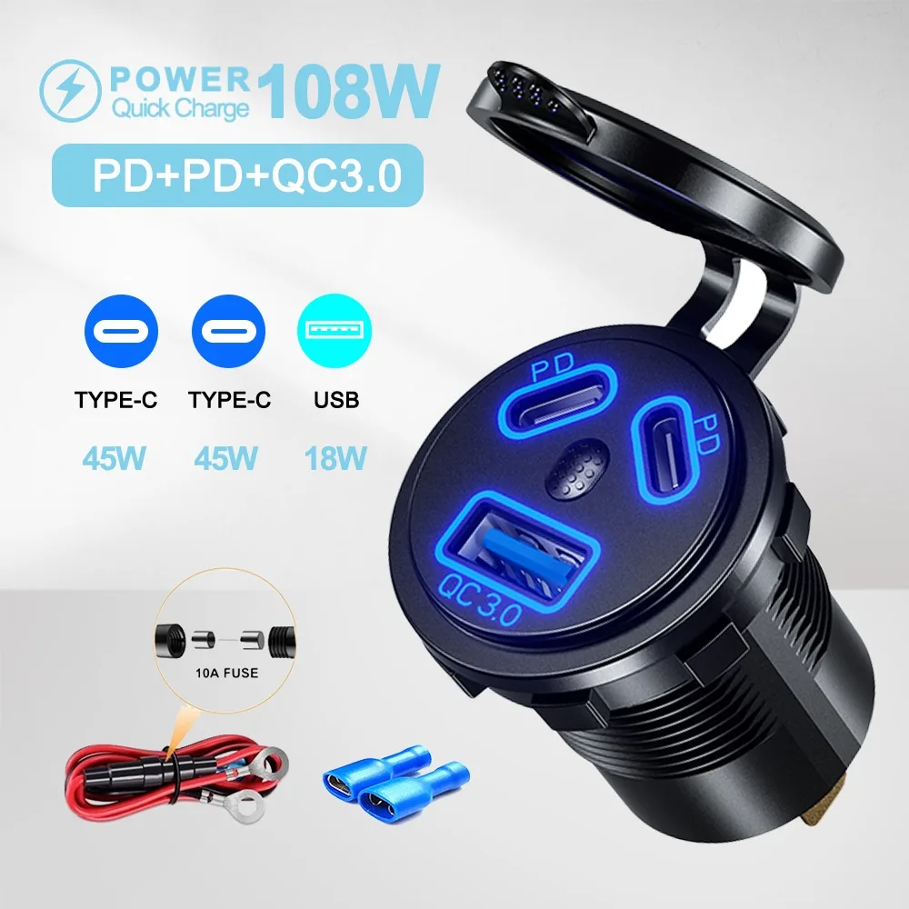 108W USB Car Charger Socket 3 Ports Dual 45W PD Type C & 18W QC3.0