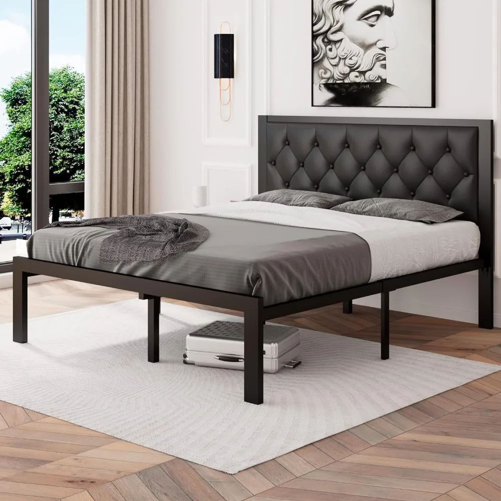 

Queen Size Metal Bed Frame with Faux Leather Button Tufted Headboard, Heavy-Duty Platform Bed Frame with 12" Storage Bed Bases
