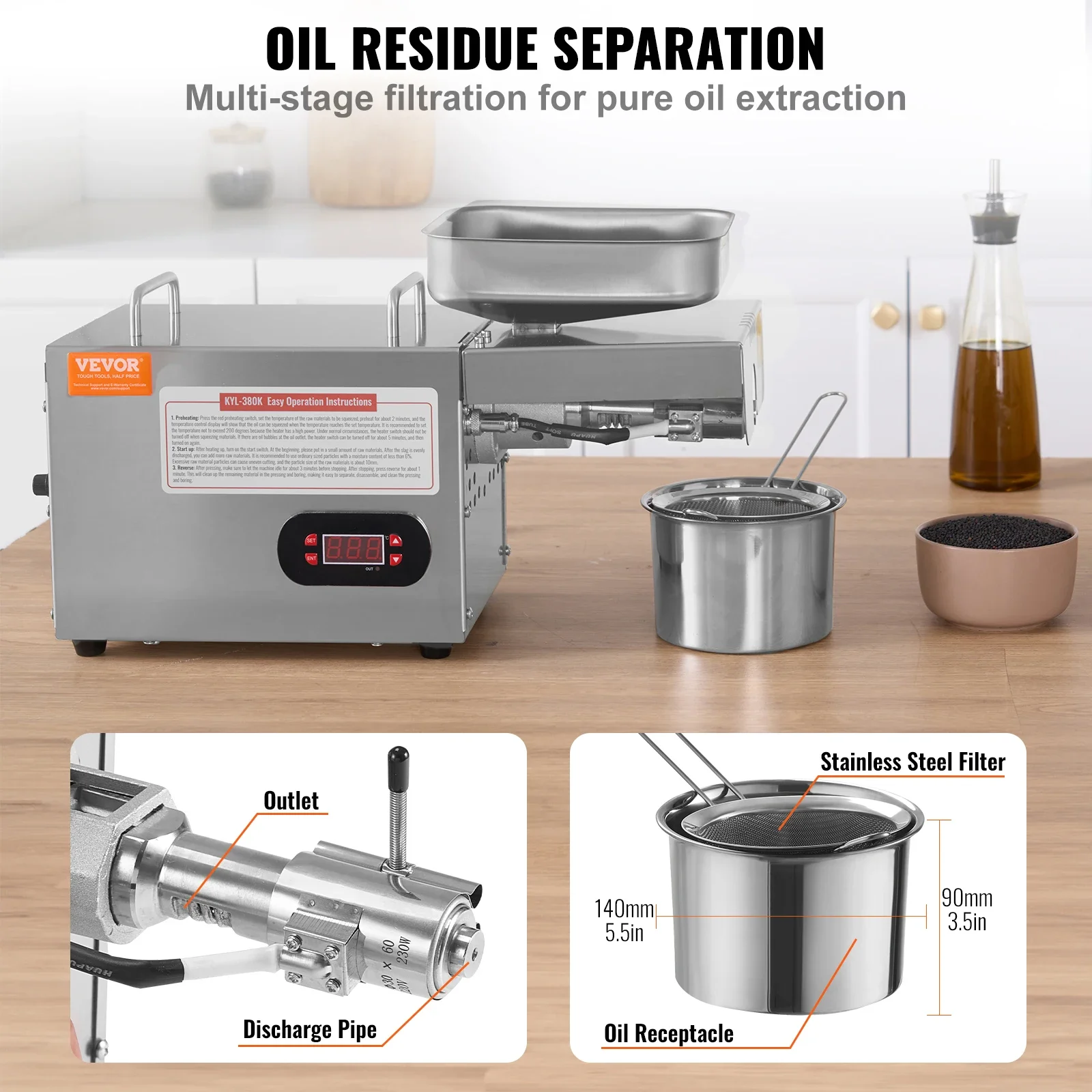 VEVOR 850W Stainless Steel Oil Extractor Machine, 0-300℃ / 32-572 ℉ Adjustable Temperature Hot Press Oil Expeller