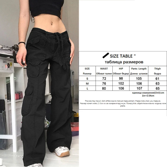 Casual Baggy Jeans Women Loose Low Waist Retro Overalls Hip Hop Streetwear Straight Denim Pants Wide Leg Y2K Cargo Pants 0020002-Black