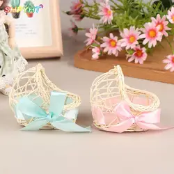 Dollhouse Miniature Wooden Nursery Cradle Baby Crib Baby Cot 1:12 Dollhouse Flower Basket Furniture Decor Kids Pretend Play Toys