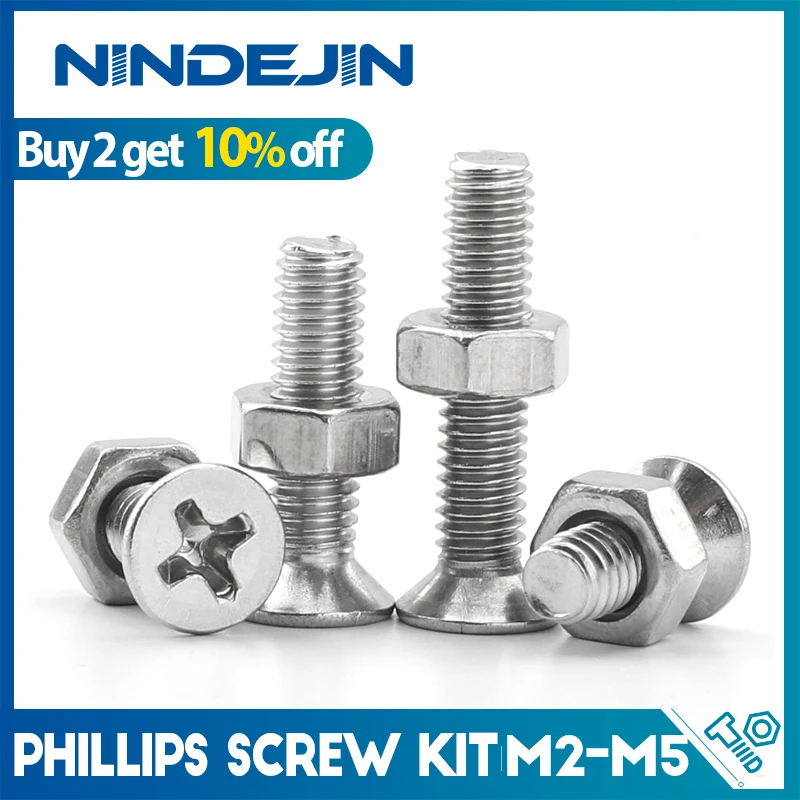 NINDEJIN M2 M2.5 M3 M4 M5 Phillips Flat Head Screw Machine Screw Assortment Kit with Nuts Stainless Steel stainless steel screws screw bolt nut set screw washer nut kit