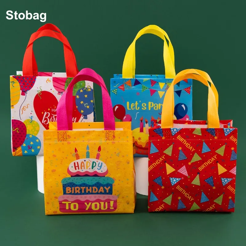 StoBag 6pcs Happy Birthday Non-woven Tote Bags Fabric Gift Package Kids Child Waterproof Storage Reusable Pouch Party Favors