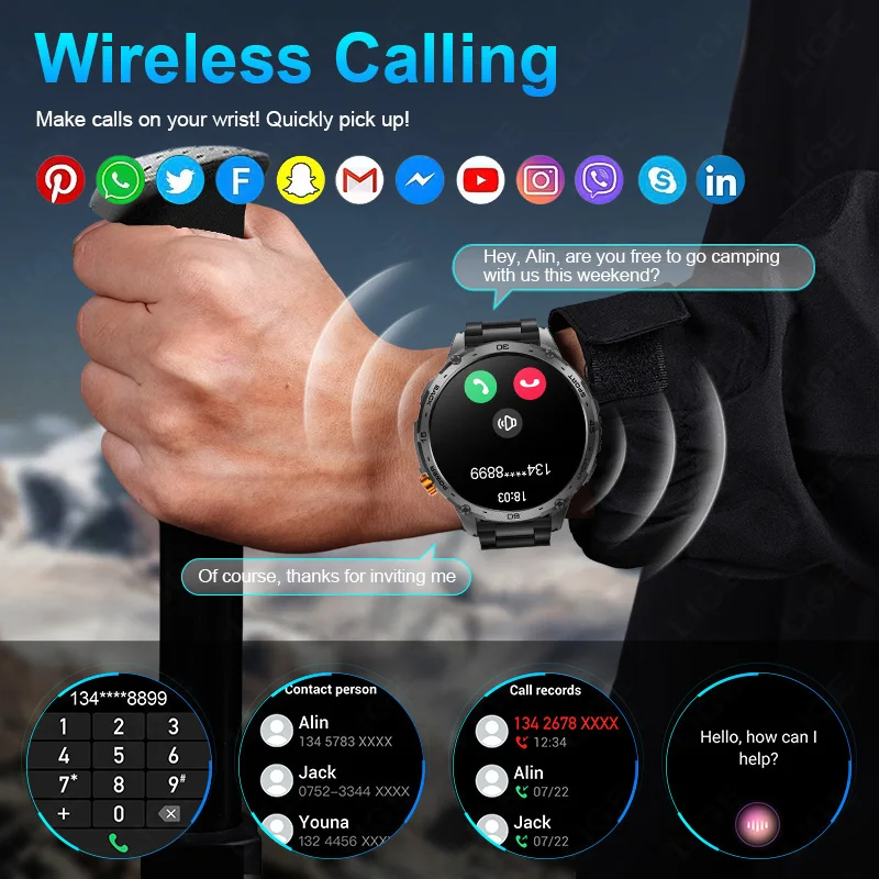 LIGE Smart Watch Man 1.75inch Amoled Screen LED Flashlight Men Bluetooth Call Sports Fitness Tracker Health Monitor Smartwatch