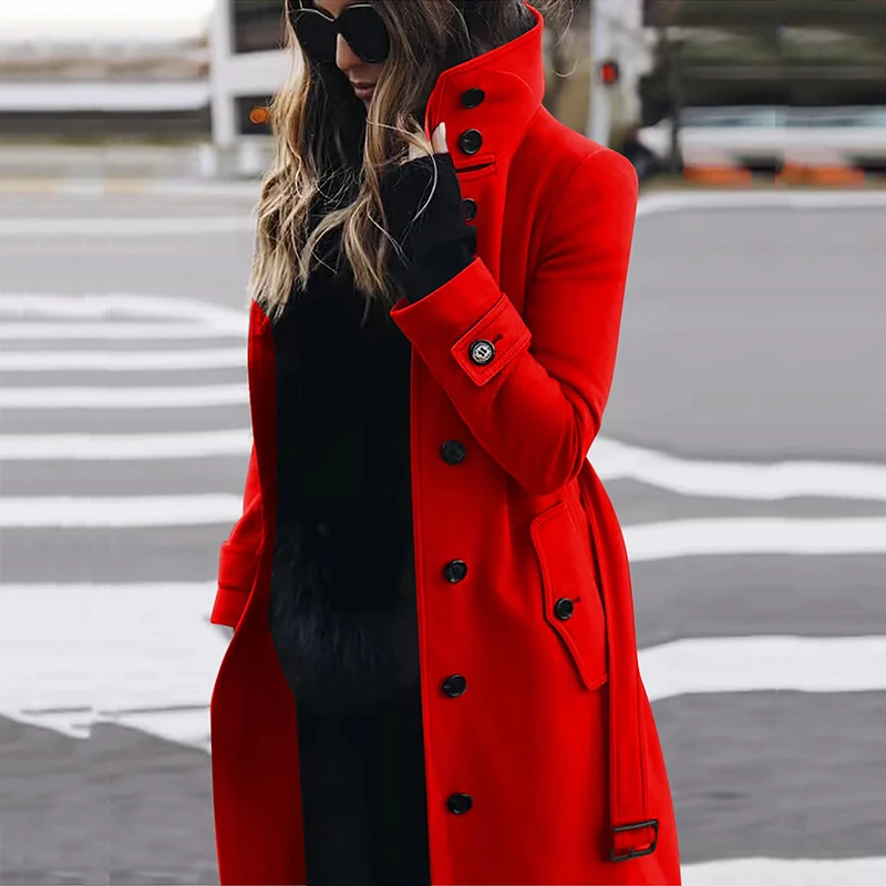Fall Casual Streetwear Long Sleeve Outwear New Office Lady Single Breasted Slim Jacket Fashion Turn-down Collar Belt Solid Coat