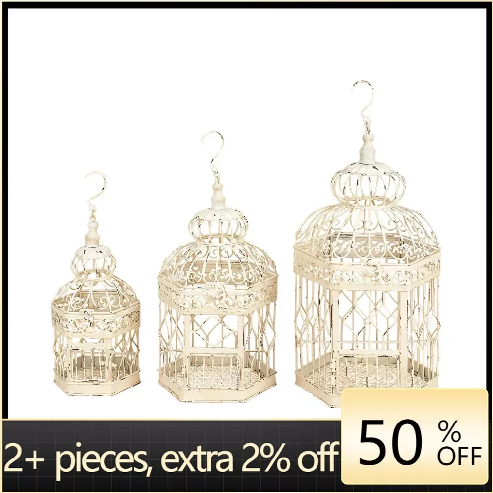 

Indoor Outdoor Hinged Top White Metal Birdcage With Latch Lock Closure and Hanging Hook Parrot Transfer Set of 3 Freight Free