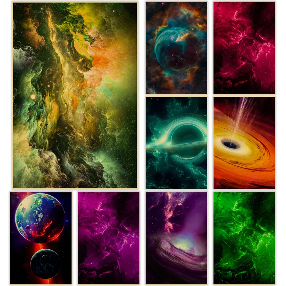 

Painting Space Planet Posters and Prints Classic Wall Art Vintage Pictures Cuadros for Living Room Kraft Paper Home Decoration