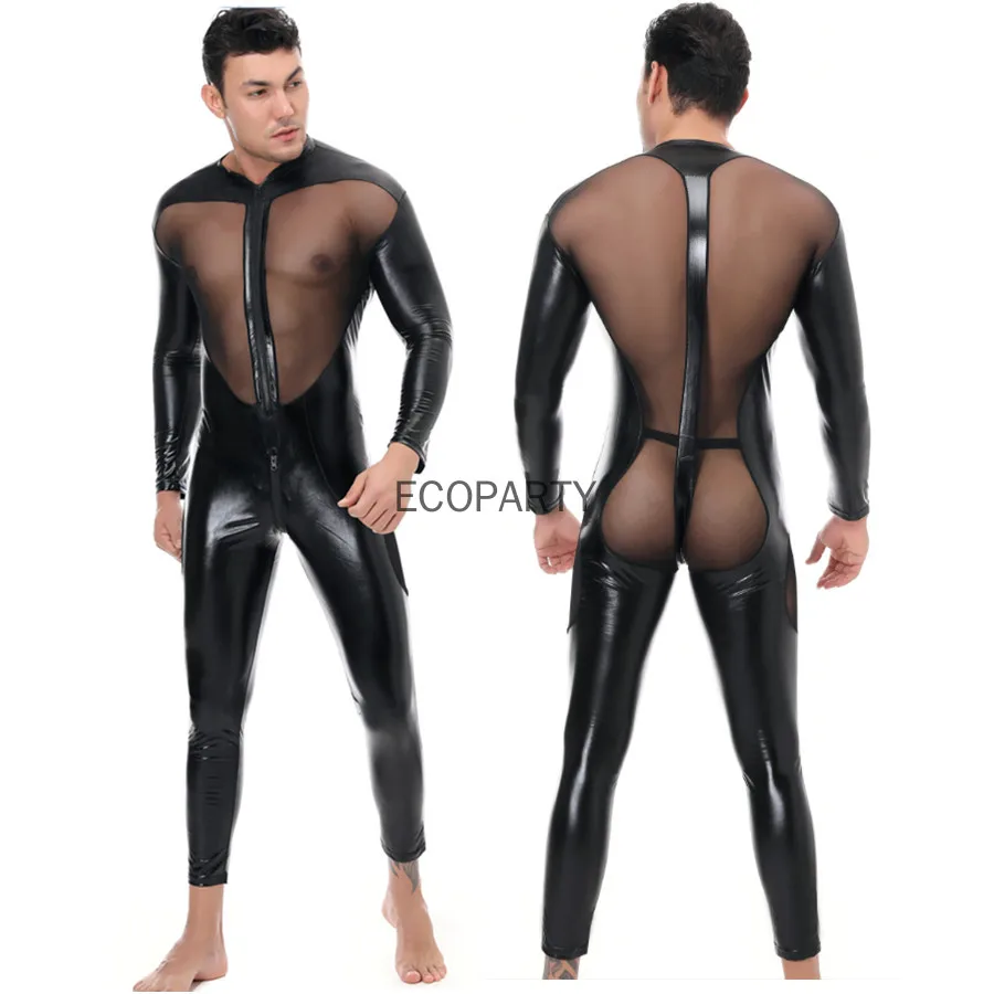 Men Faux Leather Stretch Catsuit Sexy Transparent Mesh Zipper Open Crotch Erotic Tight PVC Bodysuit Fetish Costumes