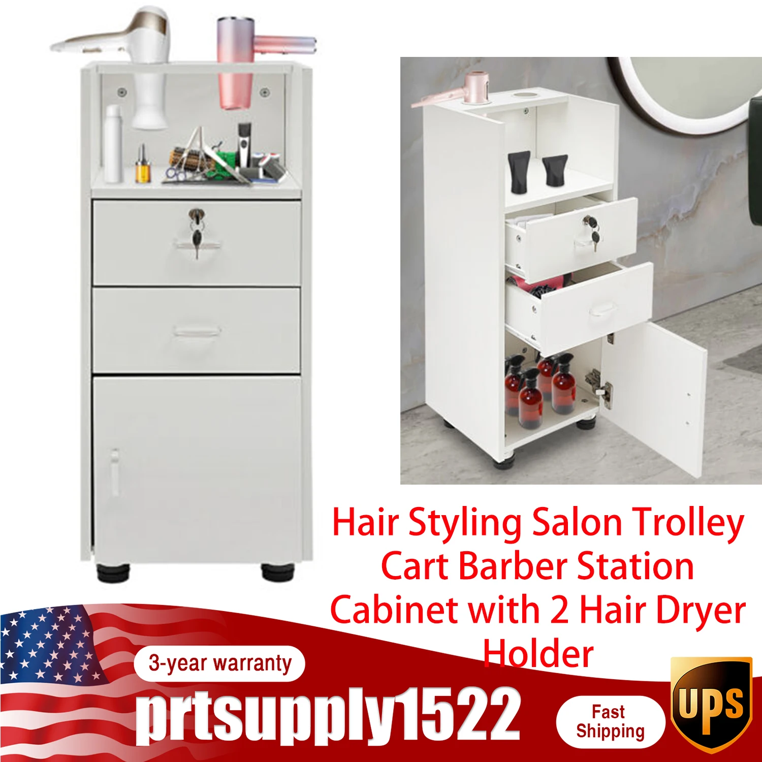 Salon Storage Cabinet, Beauty Barber Styling Station Organizer Equipment White With 2 Hair Dryer Holders pot lid holders pan organizer