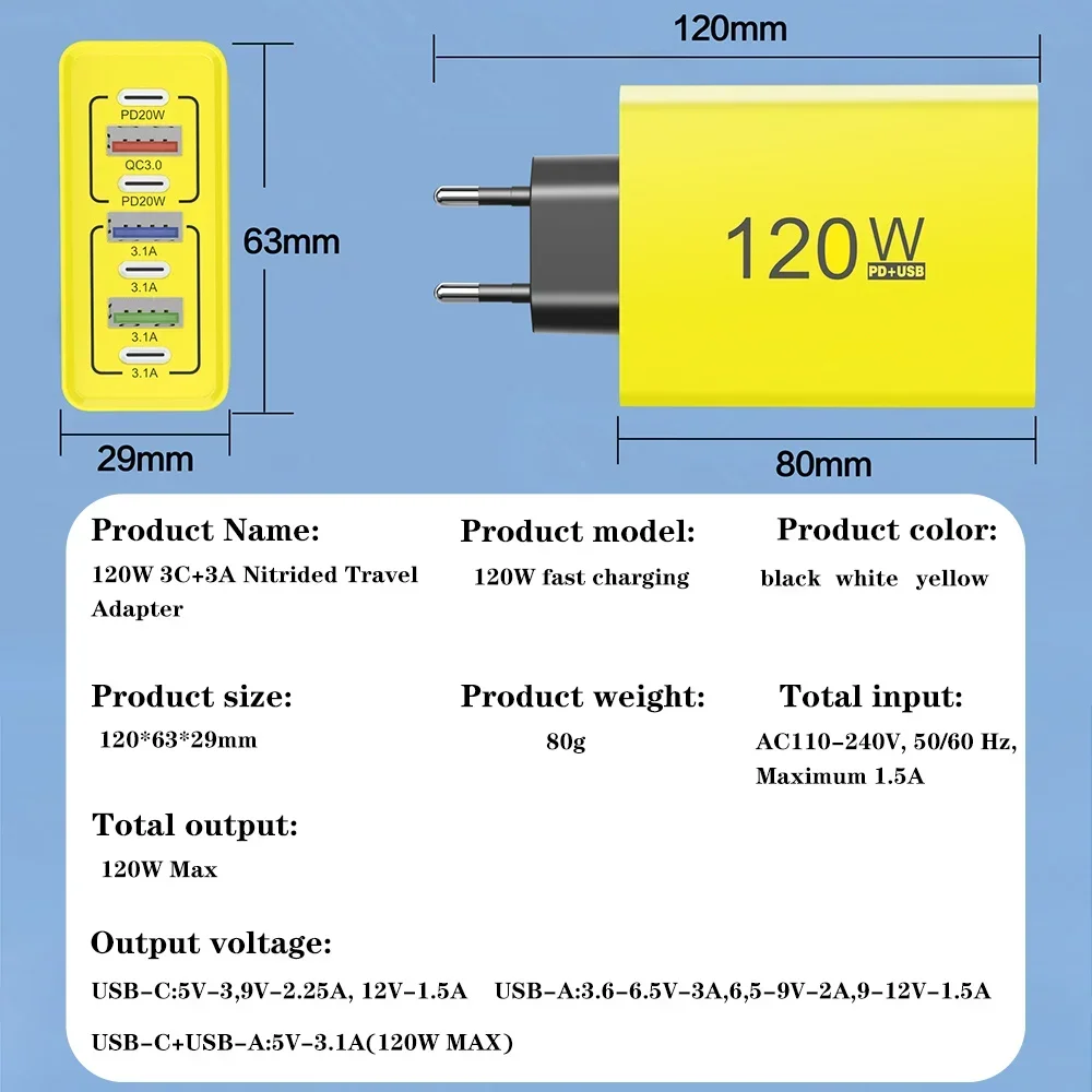 Caricatore USB da 120 W con porte multiple, ricarica rapida, adattatore per caricabatterie per telefono di tipo C, caricatore da muro con presa EU/US per iPhone Samsung Xiaomi Huawei - immagine 6