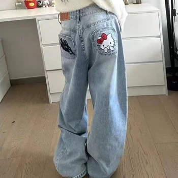Y2K Hello Kitty Jeans per ragazze Pantaloni a gamba larga in cotone Sanrioed Cartoon Kt Pantaloni a gamba dritta da donna Jeans retrò a vita alta carini 1