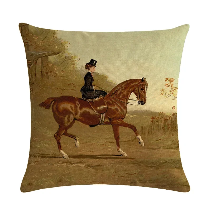 Fodera per cuscino decorativa con stampa cavallo arte nostalgica retrò in cotone e lino per la casa, divano per auto, federa, decorazione per la casa 45x45 cm  15