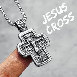 Vintage 316L Stainless Steel Jesus Cross Necklace - Men's Retro Religious Pendant Chain Jewelry Gift - 60cm (N657 - Silver)